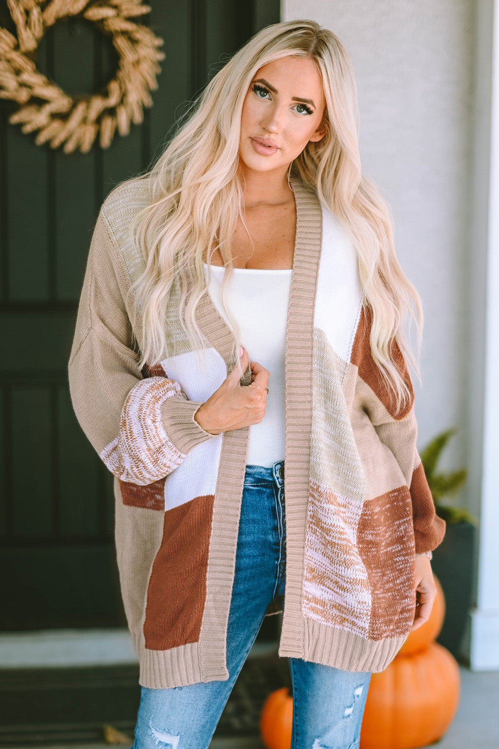 Checkered Pattern Open Front Drop Shoulder Slouchy Cardigan