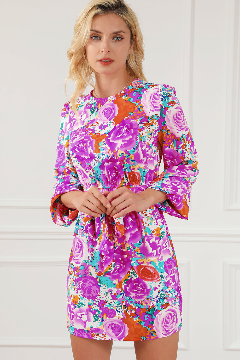 Floral Keyhole Back Long Sleeve Belted Dress