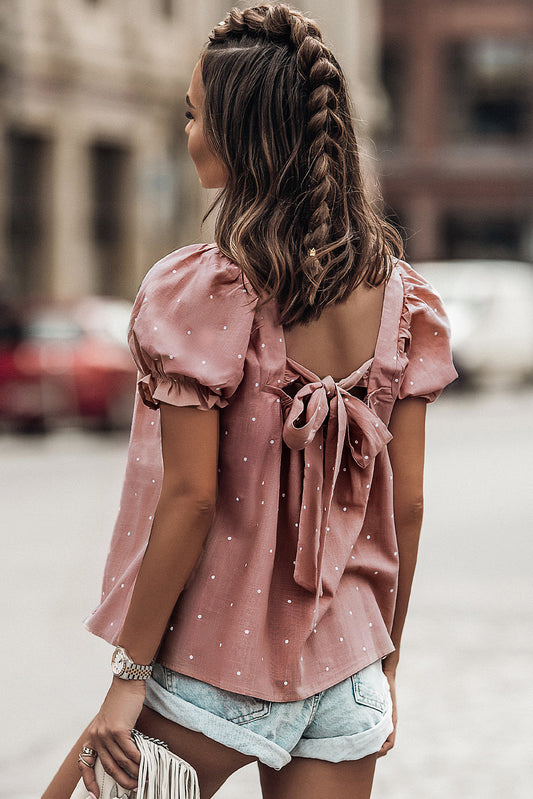 Blouse rose à manches bouffantes et imprimé à pois avec col carré et dos noué