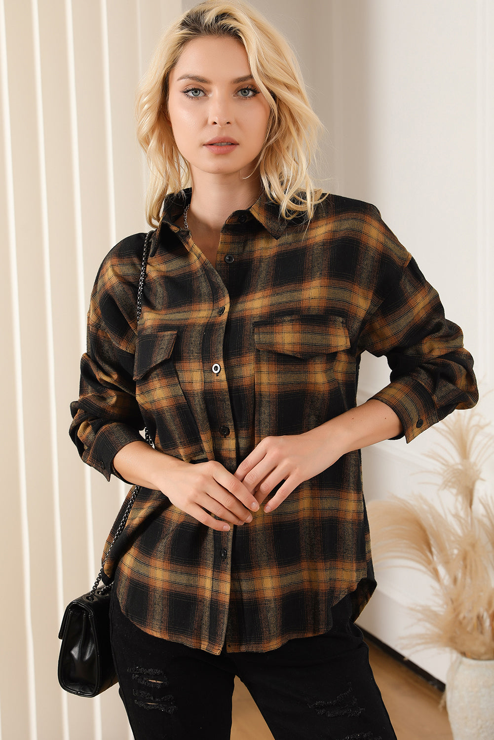 Plaid Pattern Flap Pockets Csual Shirt