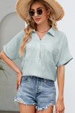 Button Split Neck Collared Short Sleeve Blouse