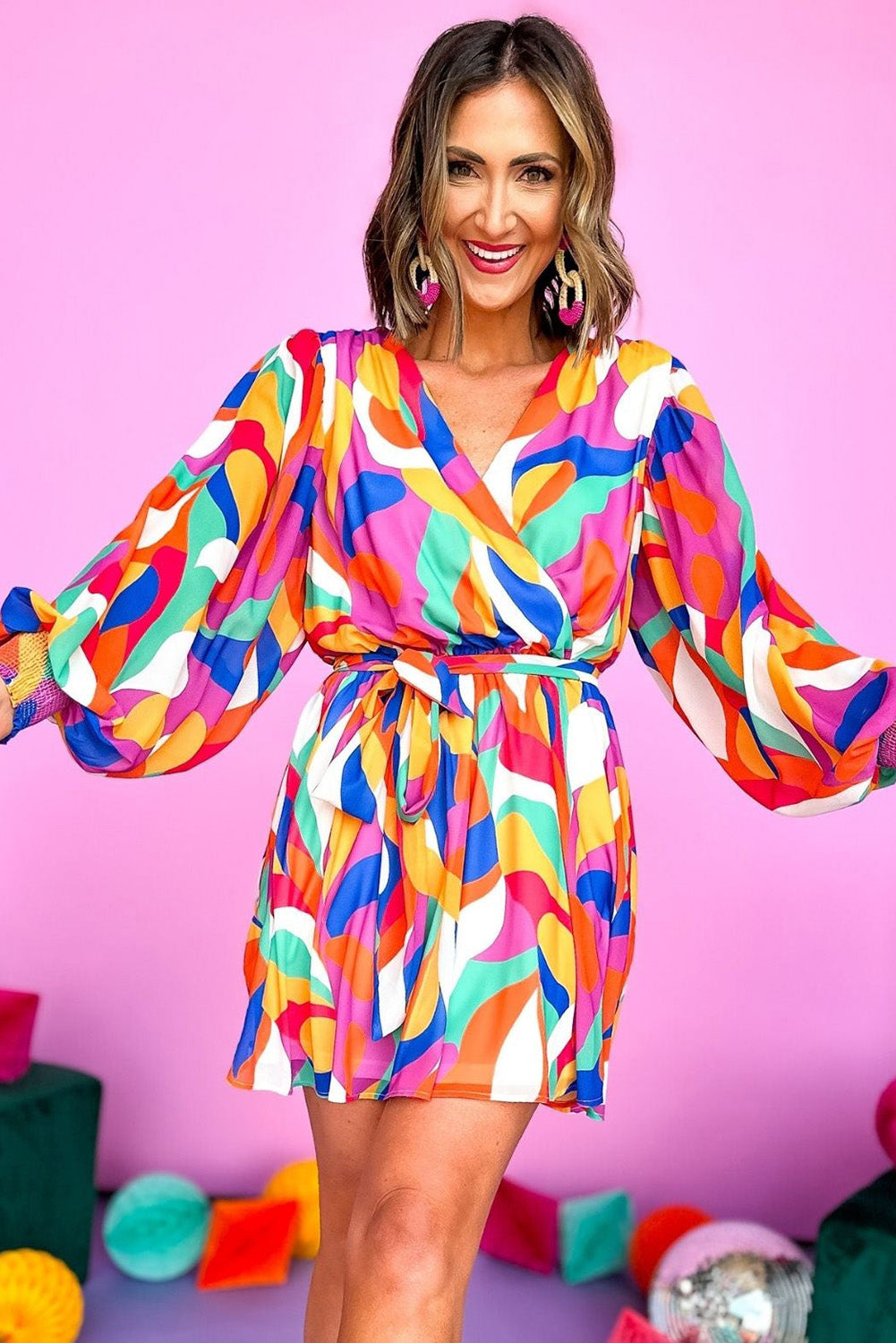 Abstract Printed Belted Puff Sleeve Mini Dress