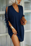 Pearl Beading Cold Shoulder V Neck Shift Dress