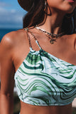 Abstract Print Chain Decor One Shoulder Bikini Set