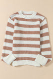 Brown Striped Round Neck Casual Sweater