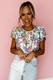 Floral Buttoned Round Neck Ruffled Sleeve Blouse