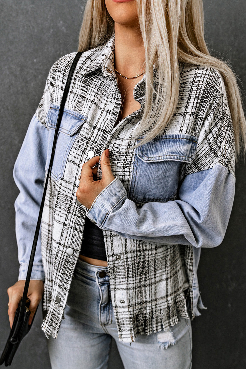 Plaid Patchwork Fringed Flap Pockets Denim Jacket