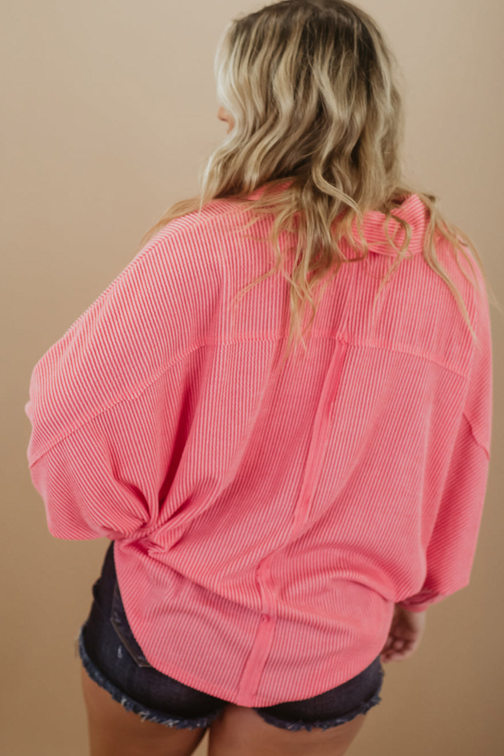 Pink Plus Size Ribbed Pocketed Long Sleeve Henley Top