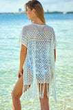 Lace Crochet V Neck Tasseled Beach Cover Up with Splits