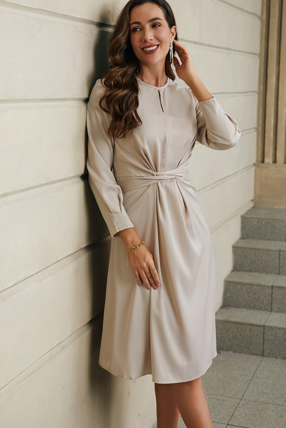 Twist Front Tie Back Long Sleeve Satin Dress