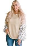 Leopard Print Patchwork Lantern Sleeve Waffle Knit Top