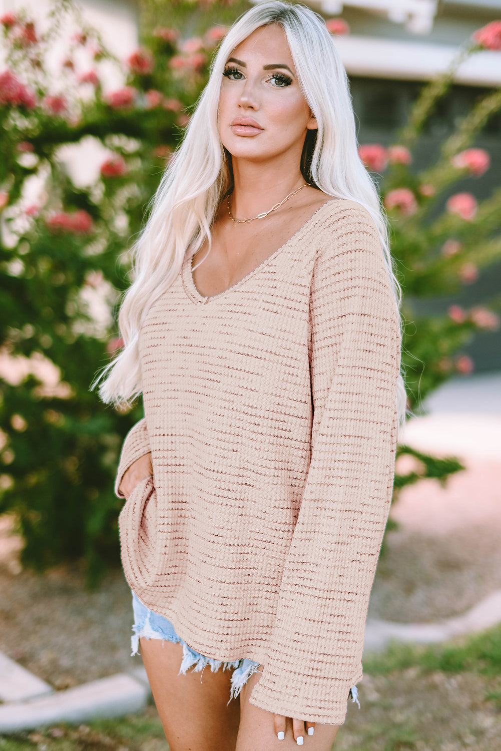 Waffled Knit Long Sleeve V-Neck Frayed Top