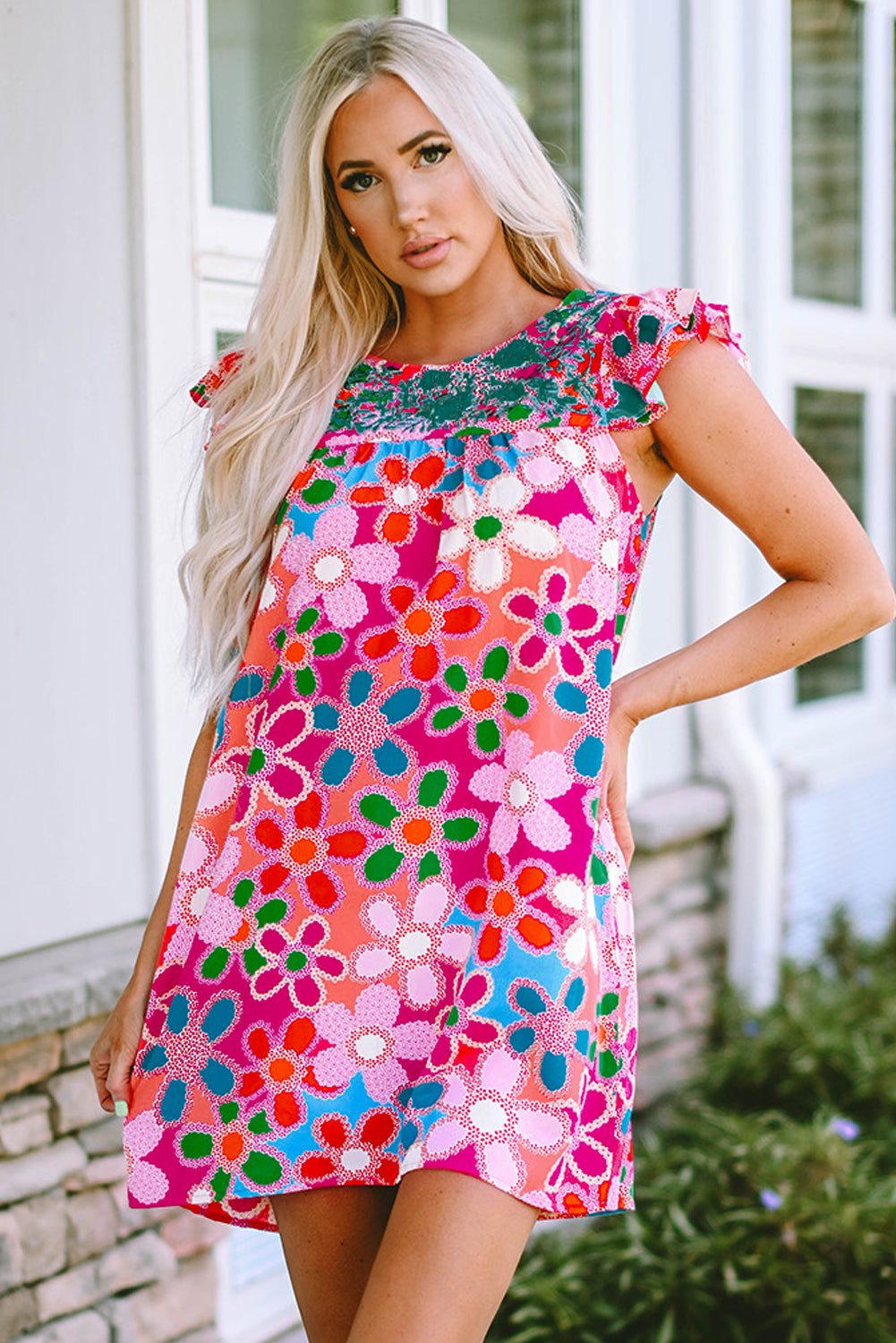 Rose Embroidered Detail Floral Print Ruffle Trim Tank Top