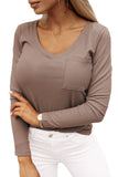 Ribbed Knit Patched Chest Pocket V Neck Top