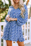 Sky Blue/Blue/Apricot V Neck Lantern Sleeves Floral Tunic Dress