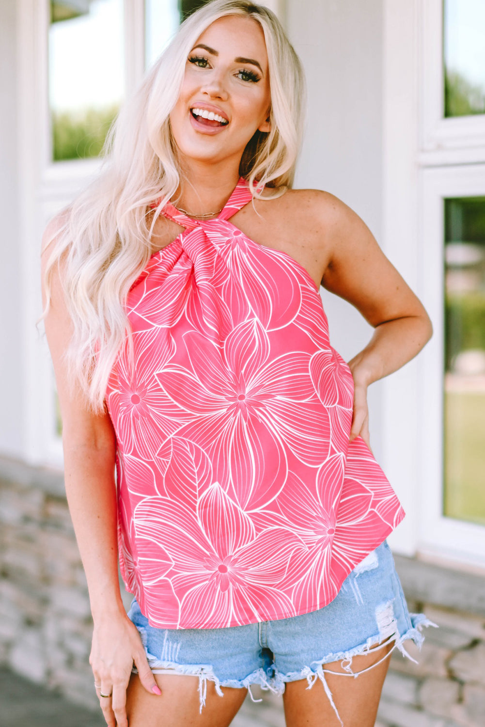 Blooming Floral Printed Twisted Neck Tank Top