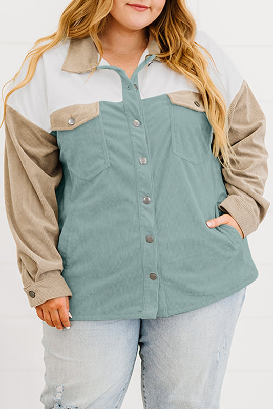 Color Block Buttoned Pocket Corduroy Plus Size Jacket