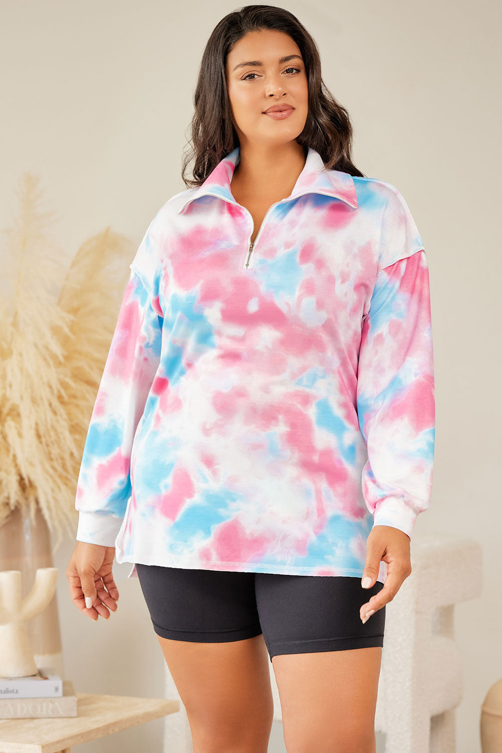 Plus Size Tie-dye Zipped Collared Pullover Sweatshirt