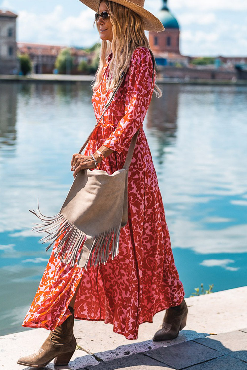 Printed 3/4 Sleeve V Neck Shirt Long Dress with Belt