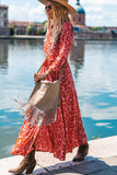 Printed 3/4 Sleeve V Neck Shirt Long Dress with Belt