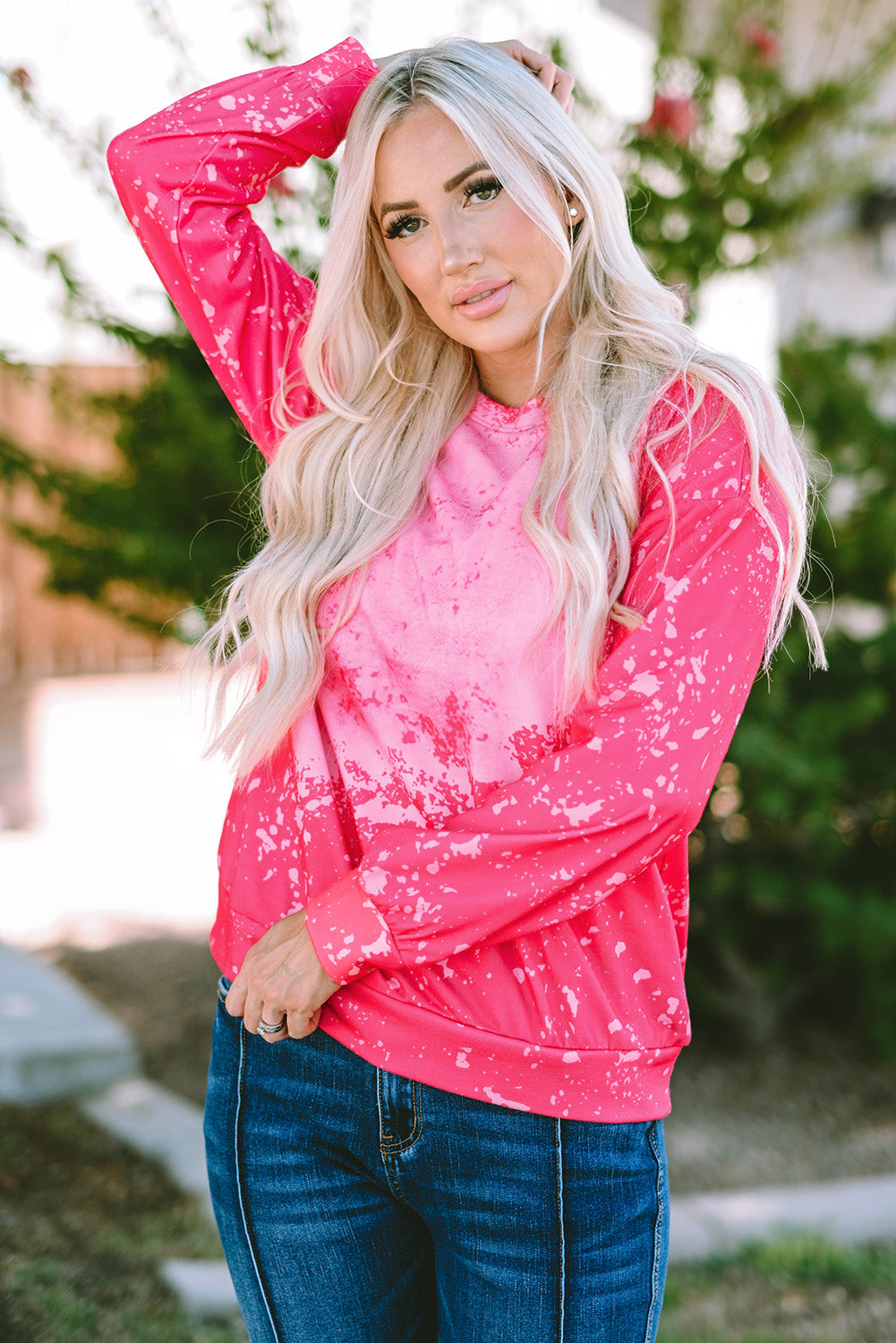 Rose Tie Dye Long Sleeve Pullover Sweatshirt