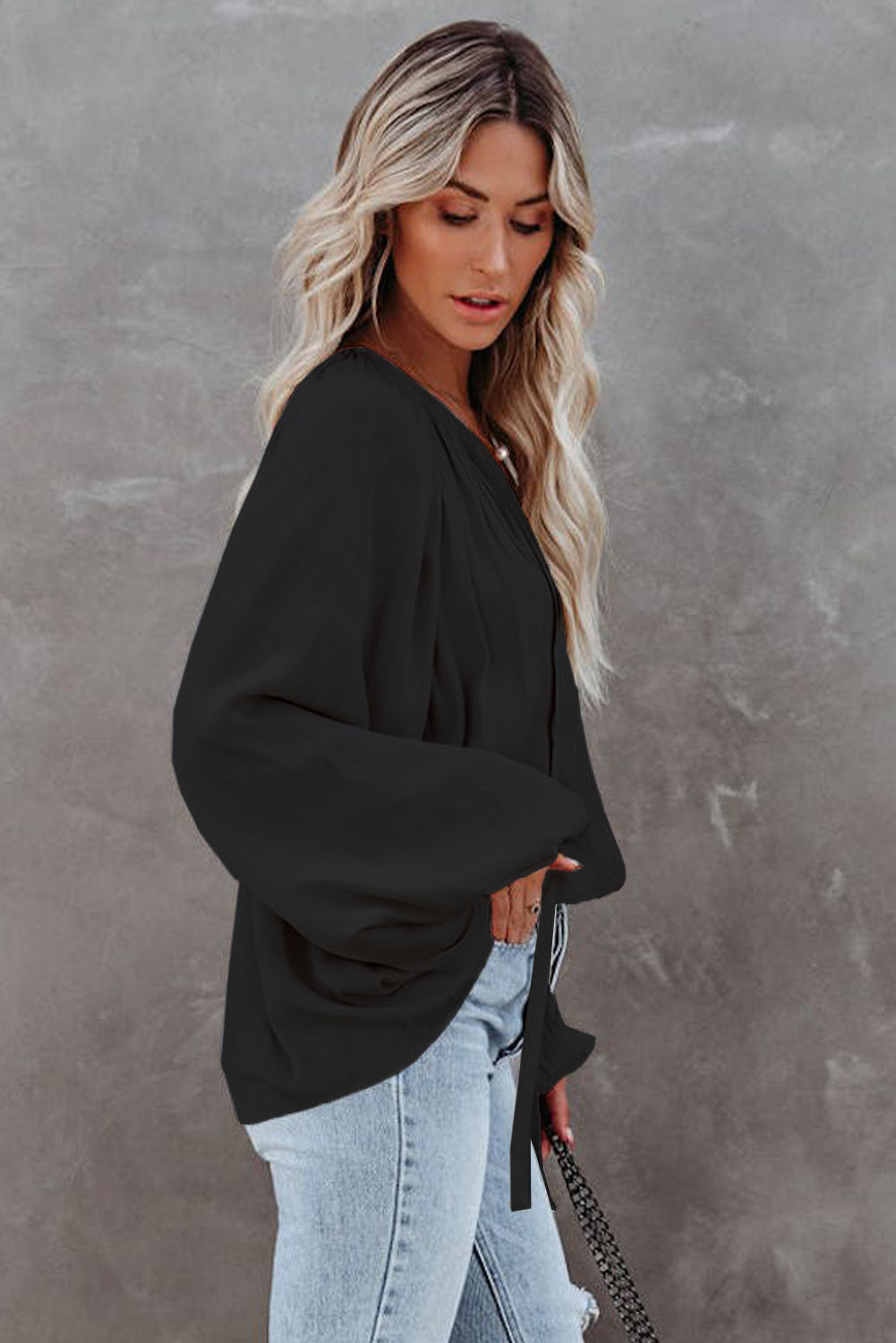 Tie V Neck Pleated Puff Sleeve Satin Blouse