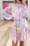 Multicolour Floral Smocked Mock Neck Ruffled Tiered Bubble Sleeve Dress