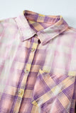 Purple Bleached Plaid Print Exposed Seam Shirt