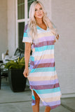 Striped Color Block V Neck T Shirt Midi Dress