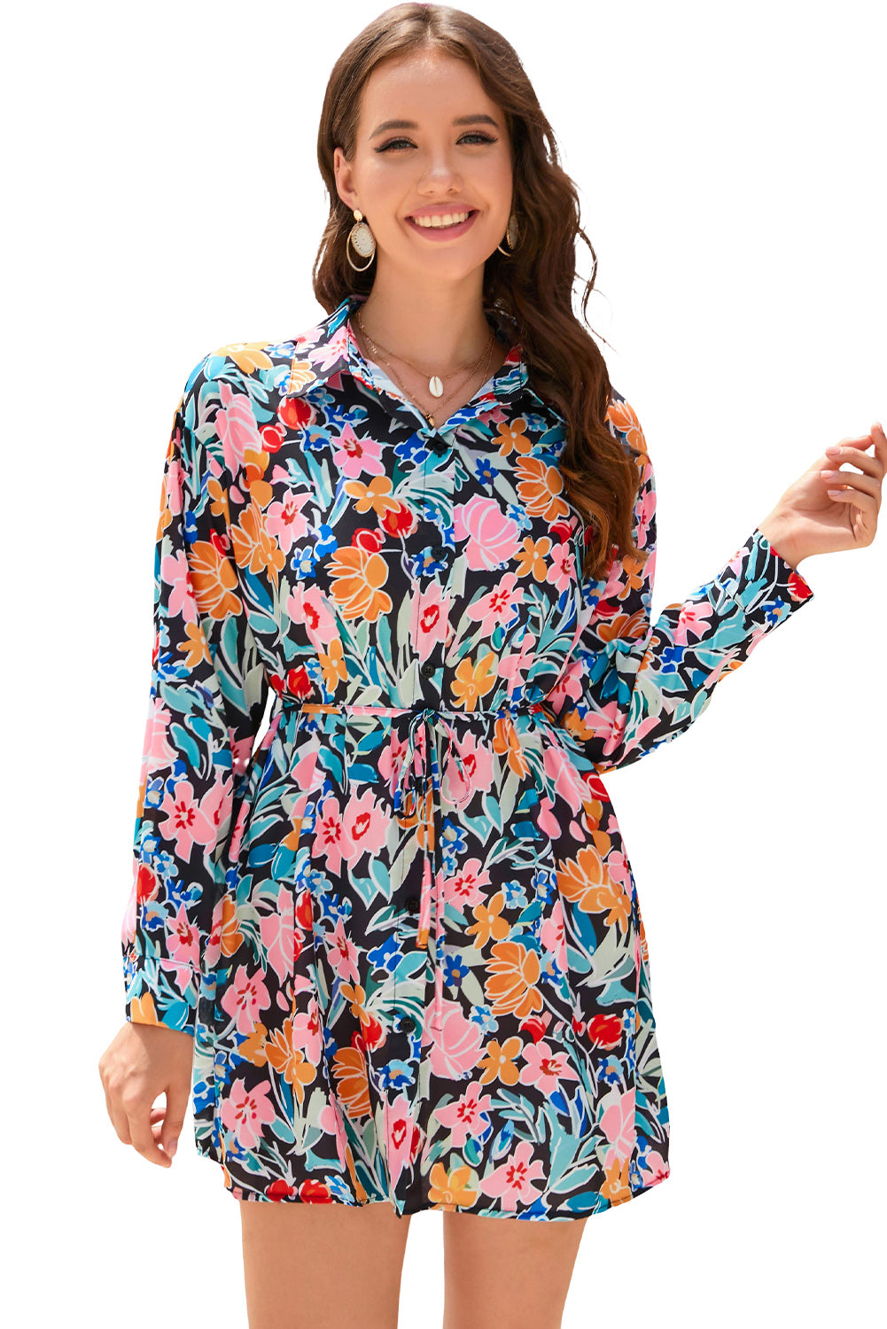 Floral Buttoned Collared Long Sleeve Mini Dress