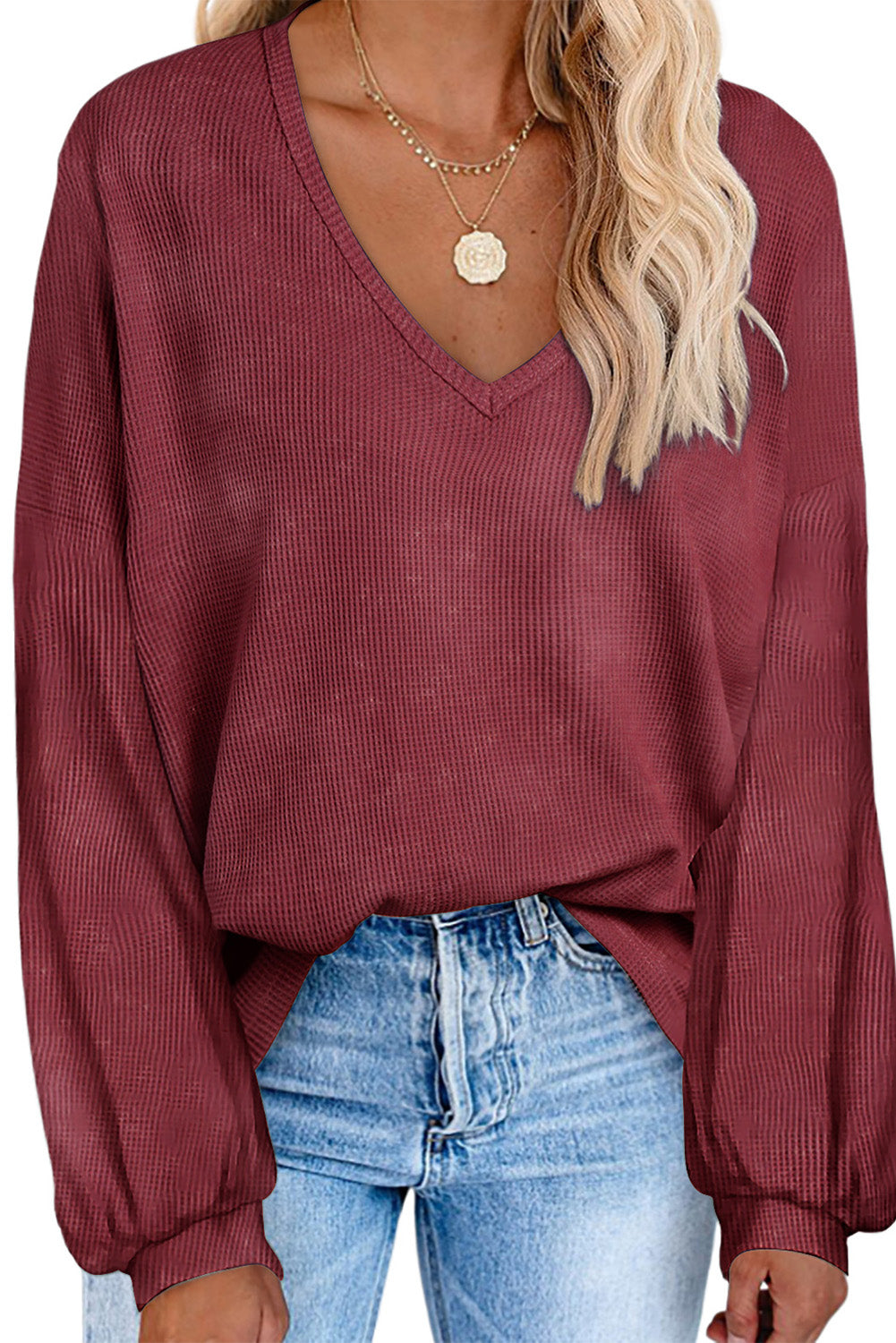 Waffle Knit V Neck Long Sleeve Loose Tunic Top