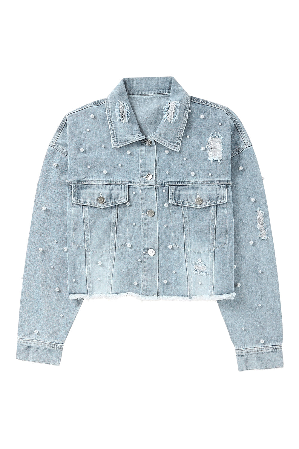 Pearls Beading Cropped Denim Jacket