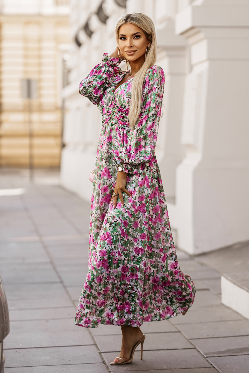 Floral Print Deep V Neck Ruched Cinched Waist Maxi Dress