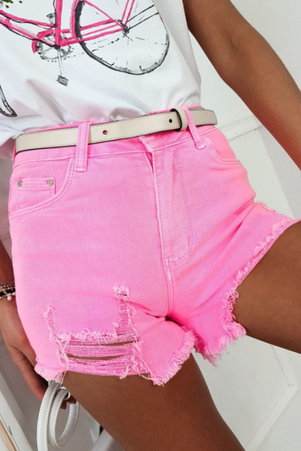 Solid Color Distressed Denim Shorts