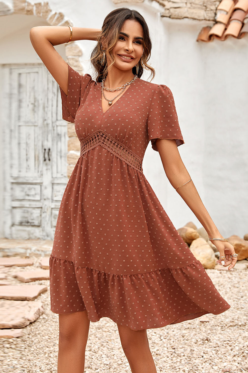 Swiss Dot Lace Splice Swing Dress