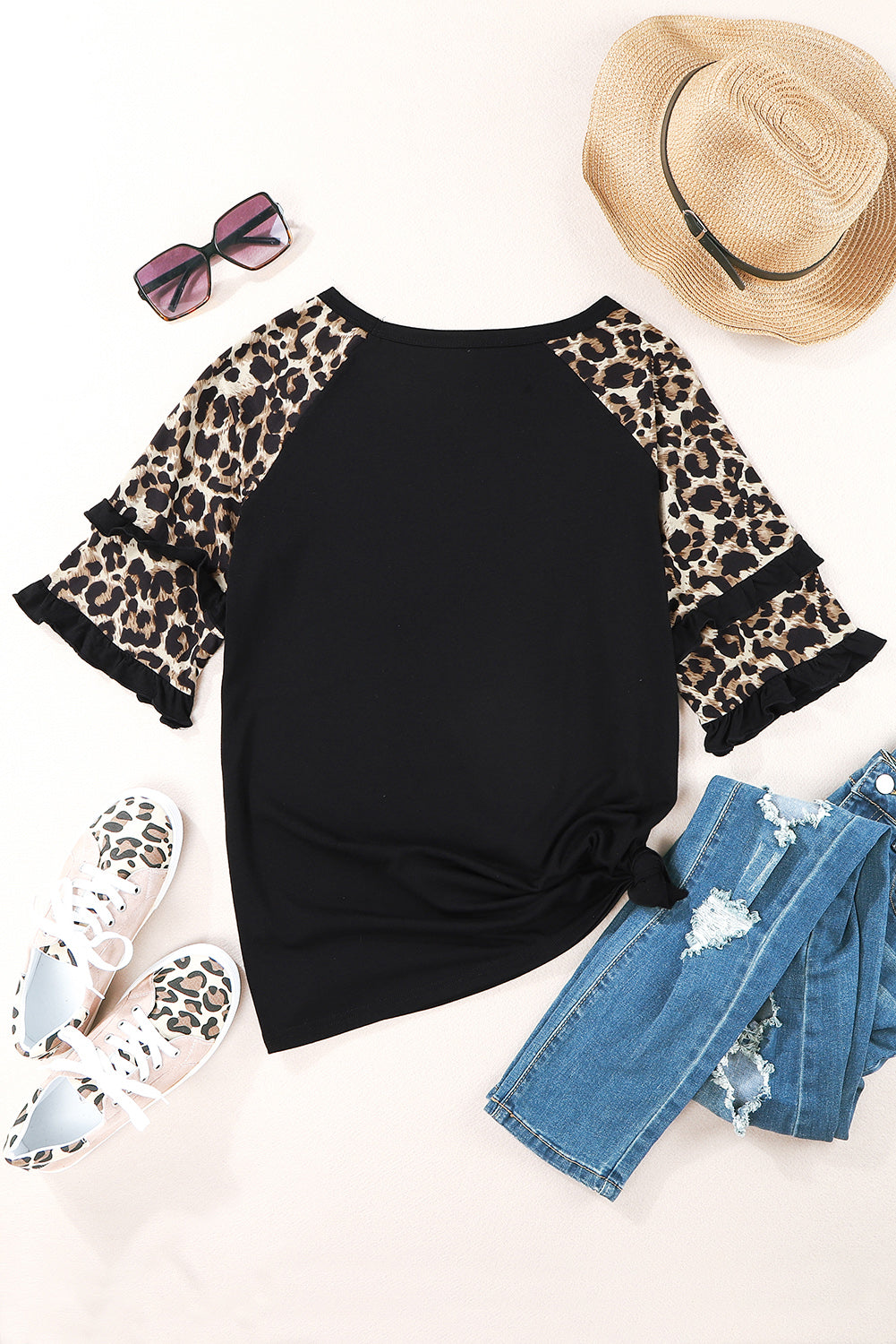 Ruffled Leopard Sleeve Patchwork Top