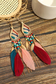 Red Bohemian Feathered Beaded Tassel Hook Earrings