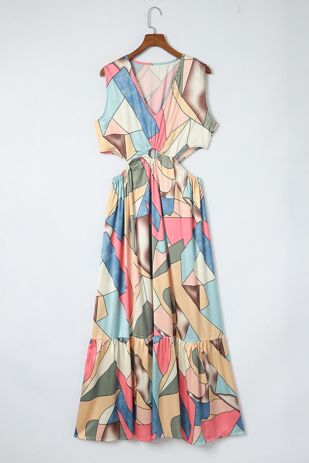 Abstract Print O-ring Cut out Long Sleeve Maxi Dress