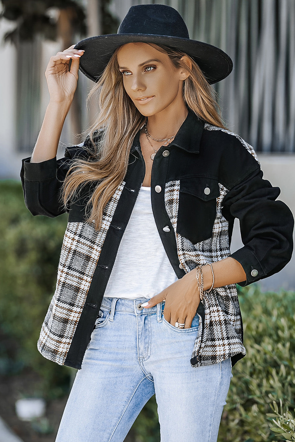 Plaid Patchwork Raw Hem Denim Jacket