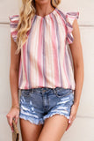 Striped Print Crew Neck Ruffle Blouse