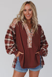 Red Floral Plaid Mixed Print Bishop Sleeve Patchwork Top