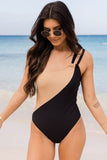 Double Straps One Shoulder Color Block Teddy Swimsuit