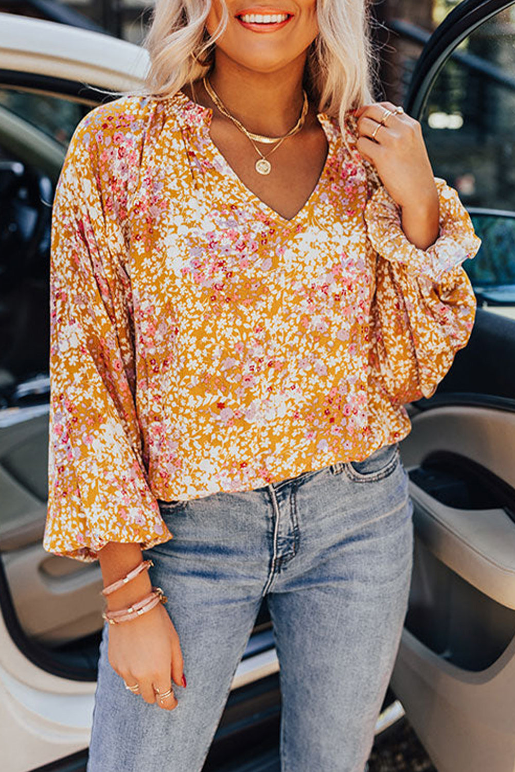 Split V Neck Floral Blouse