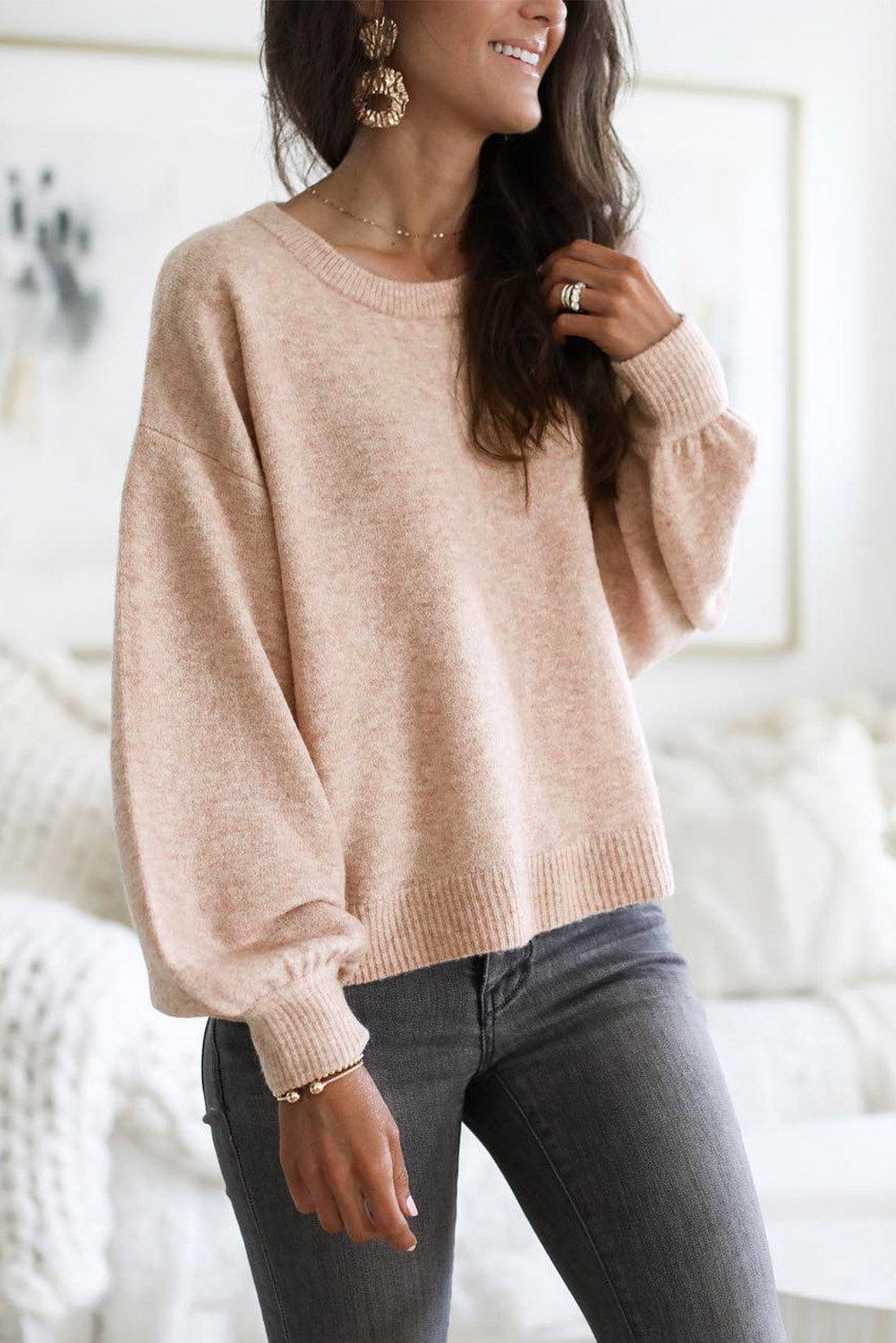 Ribbed Trim Balloon Sleeve Sweater