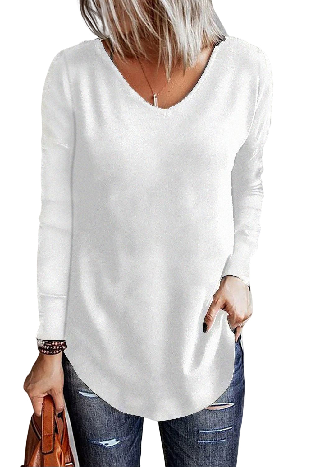 Solid Color V Neck Long Sleeve Knit Top