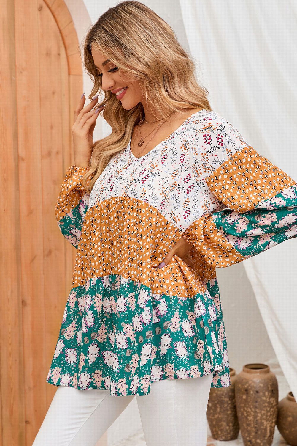 Color Block Floral Print Loose Blouse