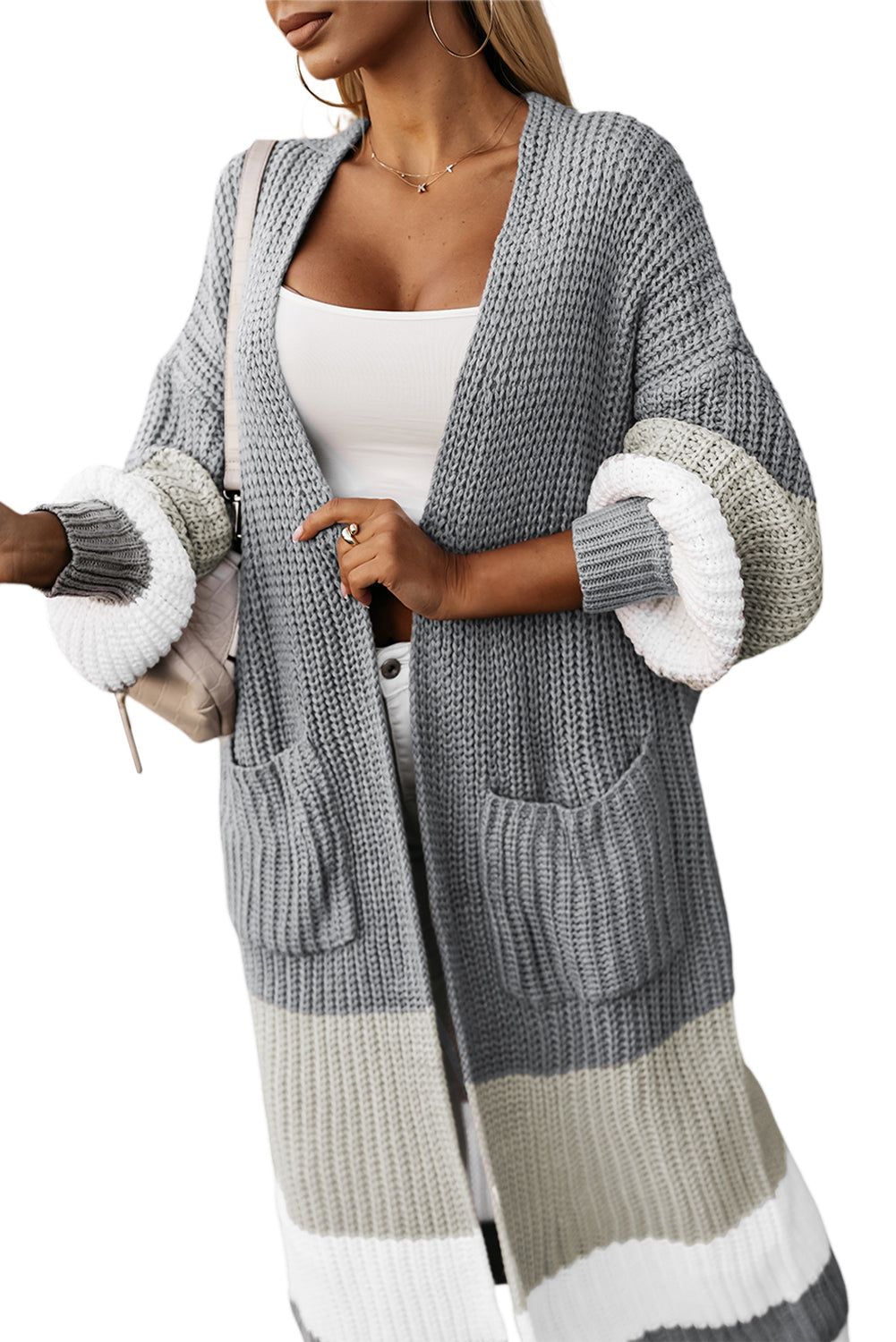 Cardigan gris color block en tricot torsadé avec poches latérales