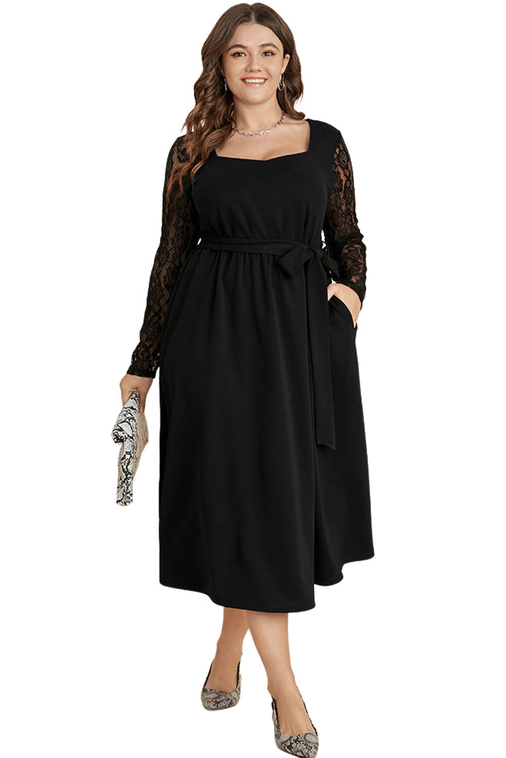 Plus Size Sheer Lace Sleeve Belted Ruffle Midi Dress