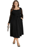 Plus Size Sheer Lace Sleeve Belted Ruffle Midi Dress