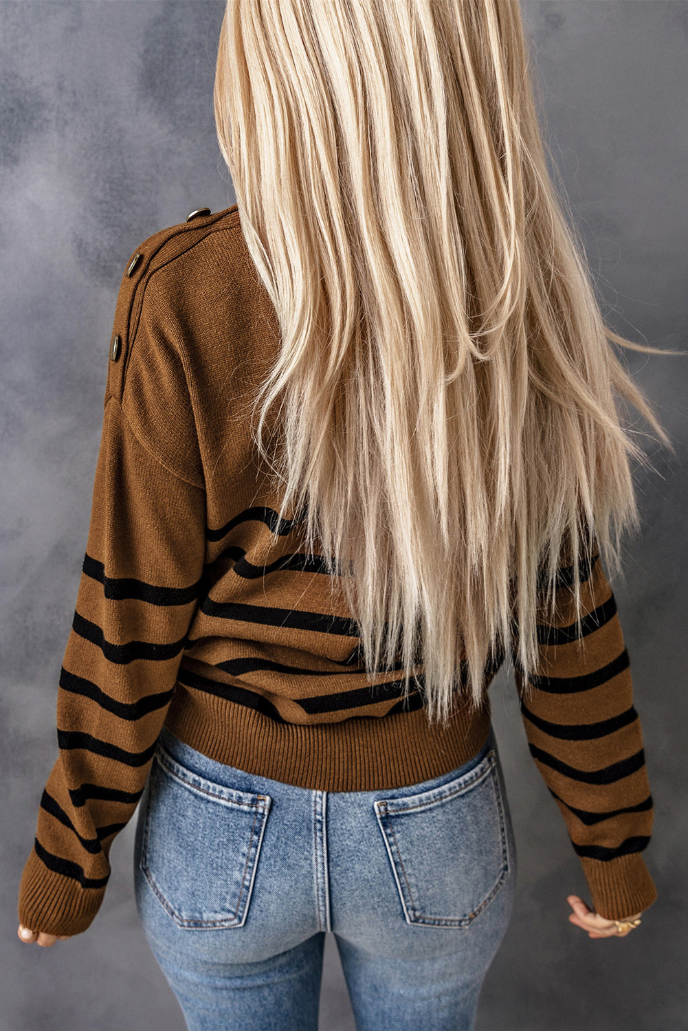 Striped Turtleneck Long Sleeve Sweater with Buttons